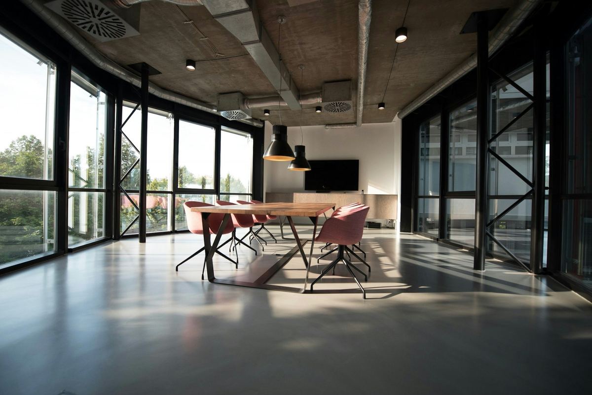 Meeting room seating and table in a modern office